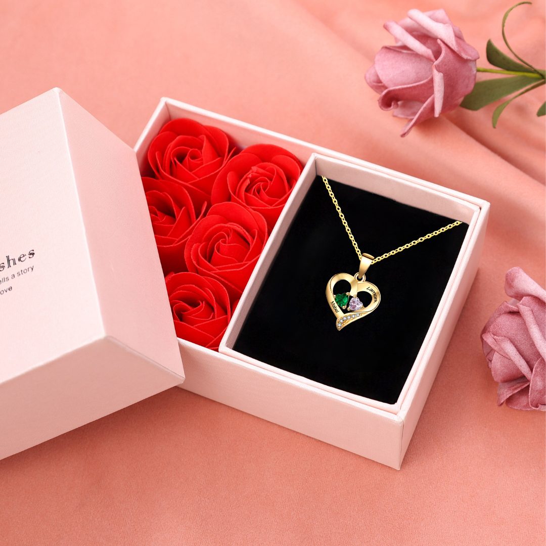 Collier Argent 925 2 Prénoms Personnalisés avec  2 pierres de naissance Cadeau pour femme | Jessemade