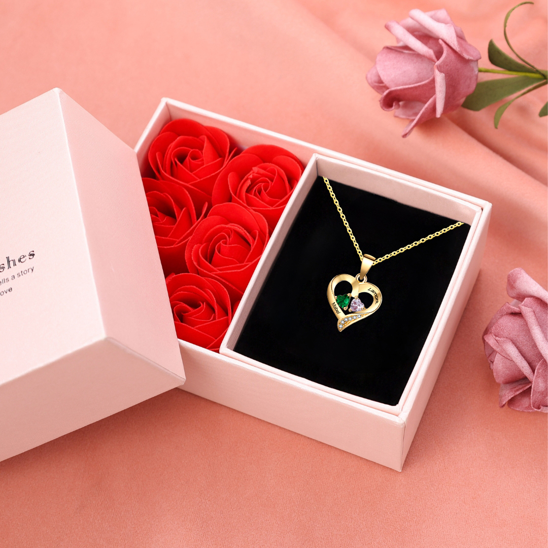 Collier Argent 925 2 Prénoms Personnalisés avec 2 pierres de naissance Cadeau pour femme | Jessemade