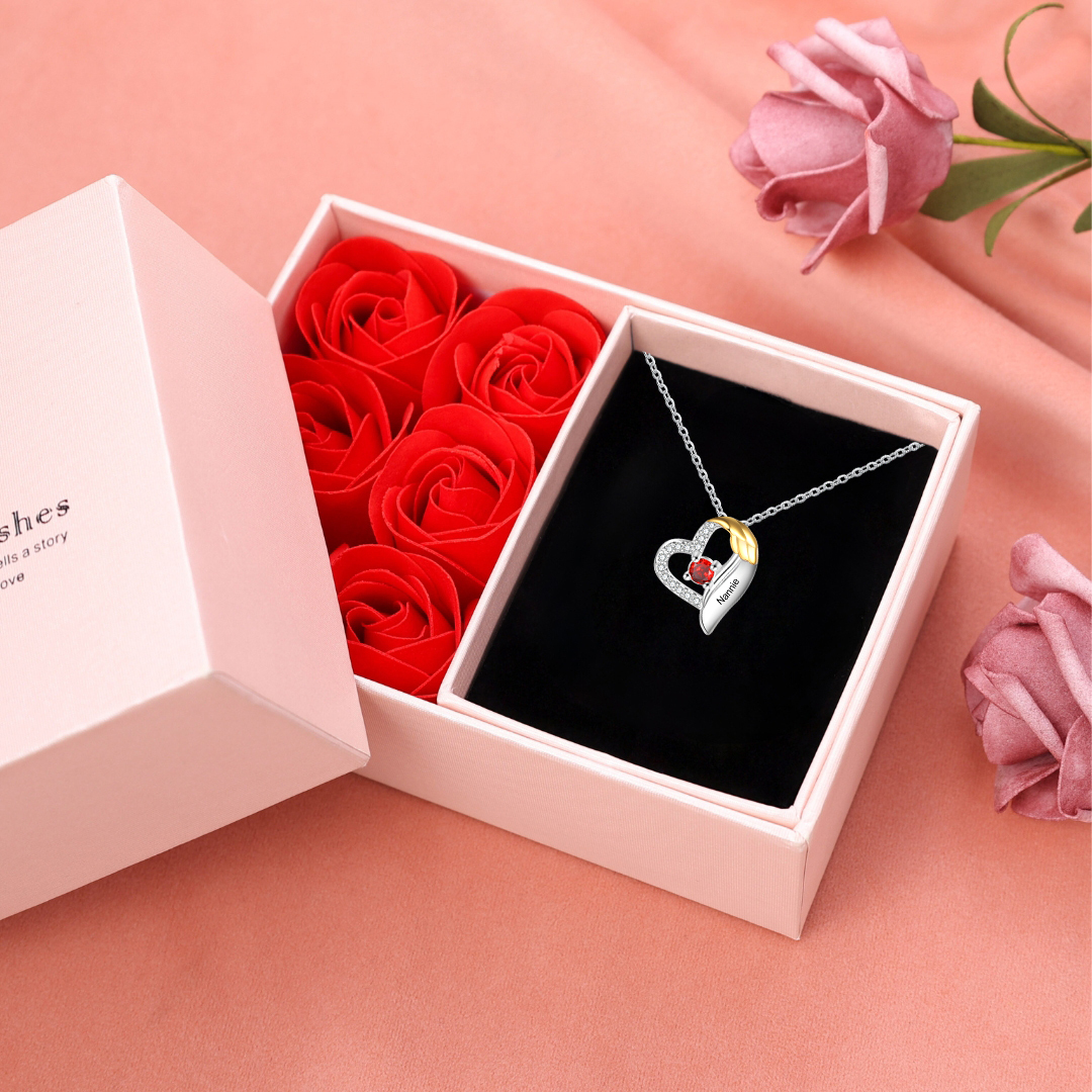 Collier cœur et aile 1 Prénom Personnalisé avec pierre de naissance Co