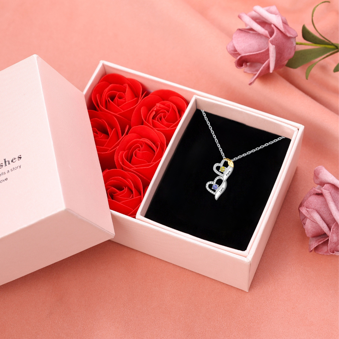 Collier cœur et aile 2 Prénoms Personnalisés avec pierre de naissance