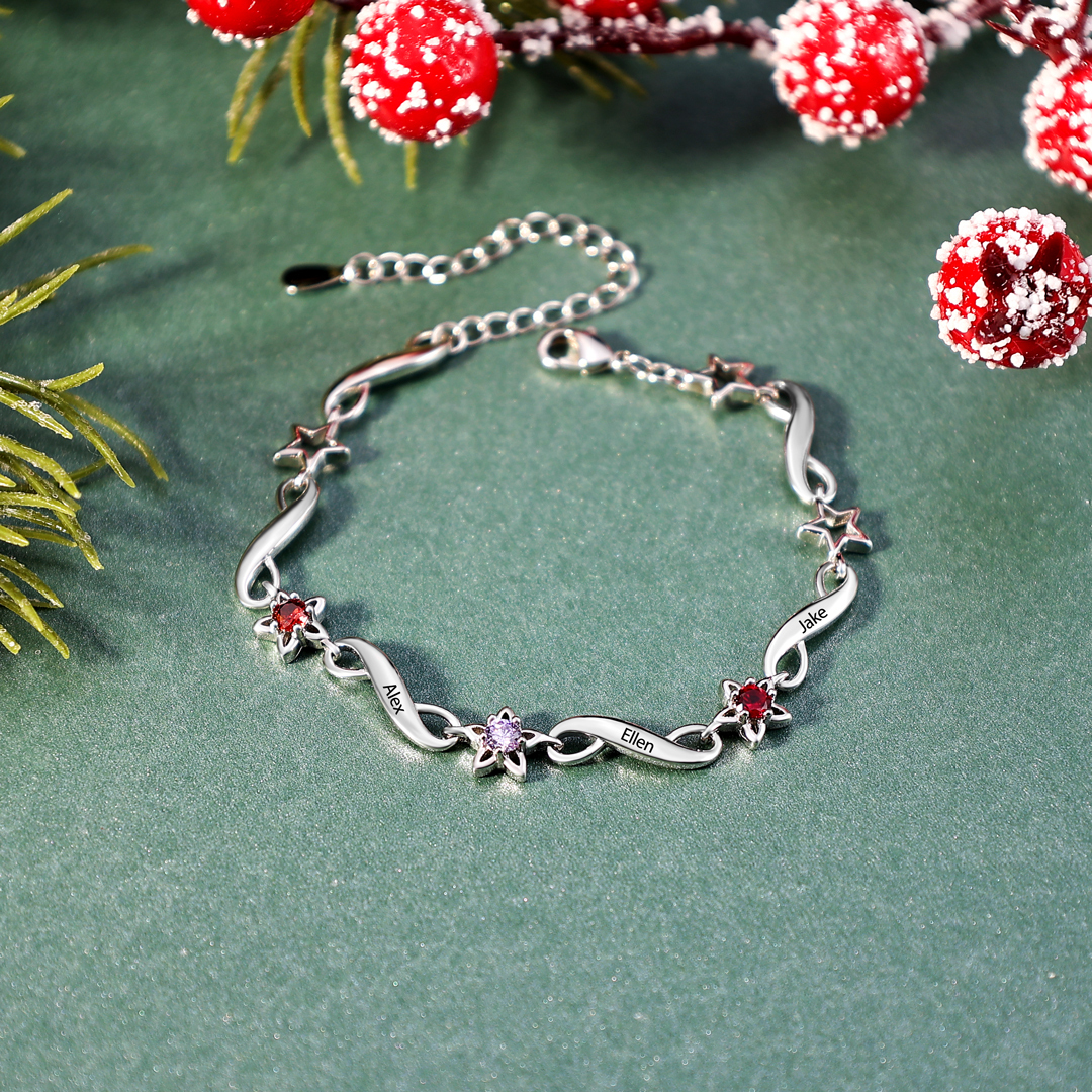 Bracelet infini à Breloque 3 Prénom Personnalisé avec 3 Pierre de Naissance