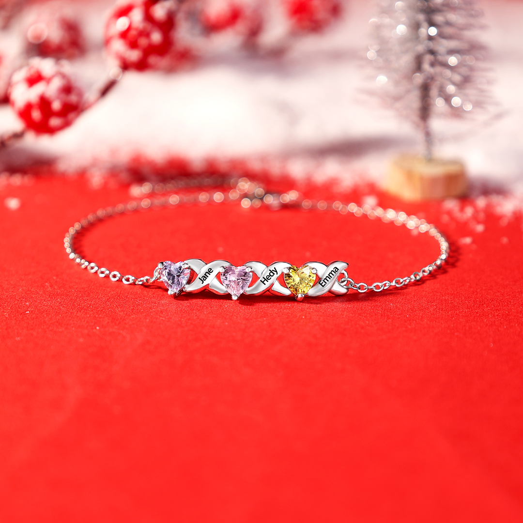 Bracelet à Breloque 3 Prénoms Personnalisé avec 3 Pierres de Naissance