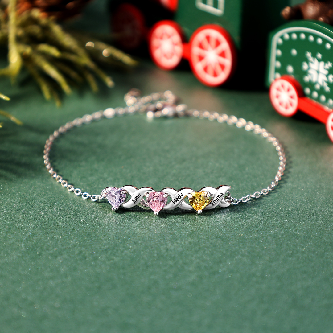 Bracelet à Breloque 3 Prénoms Personnalisé avec 3 Pierres de Naissance