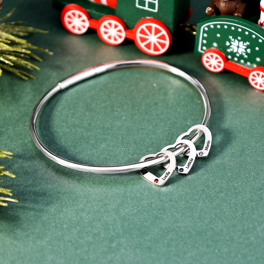 Bracelet Jonc 3 Prénoms Personnalisés avec 3 Pierres de Naissance | Jessemade