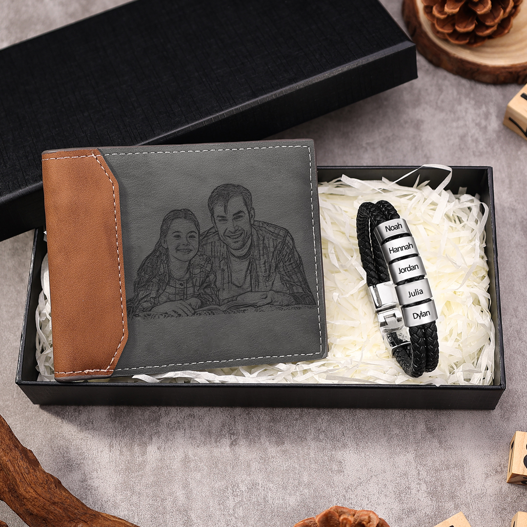 Coffret Cadeau 2PCS Portefeuille classique Bracelet 5 Prénoms Personna