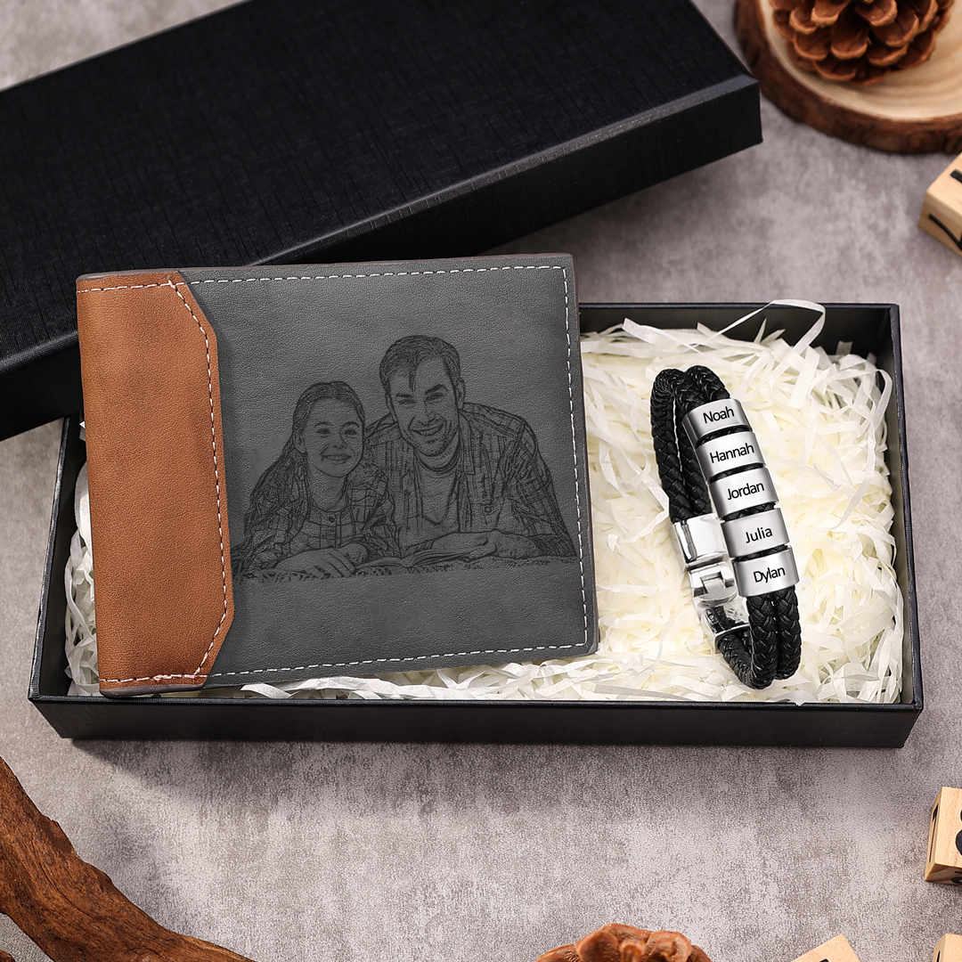 Coffret Cadeau 2PCS Portefeuille classique Bracelet 5 Prénoms Personna