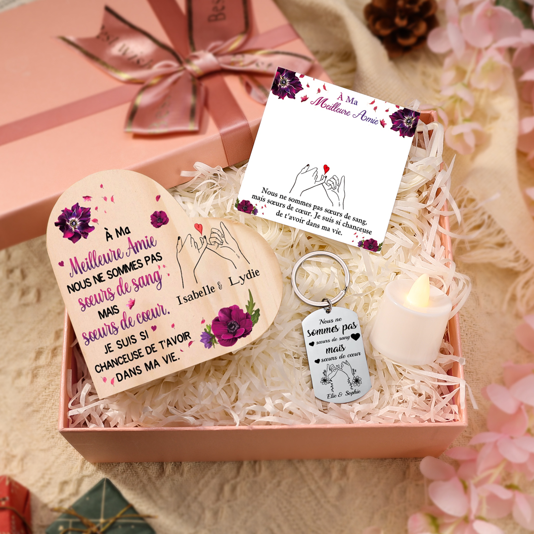 À Ma Meilleure Amie 3PCS Bougeoir en Bois avec bougie et porte-clés carte 2 Prénoms Personnalisés Cadeau pour amie | Jessemade