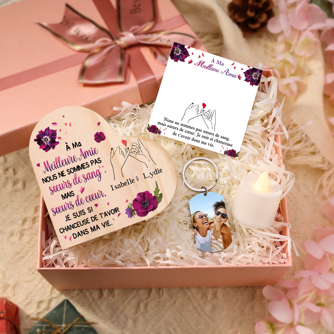 À Ma Meilleure Amie 3PCS Bougeoir en Bois avec bougie et porte-clés carte 2 Prénoms Personnalisés Cadeau pour amie | Jessemade