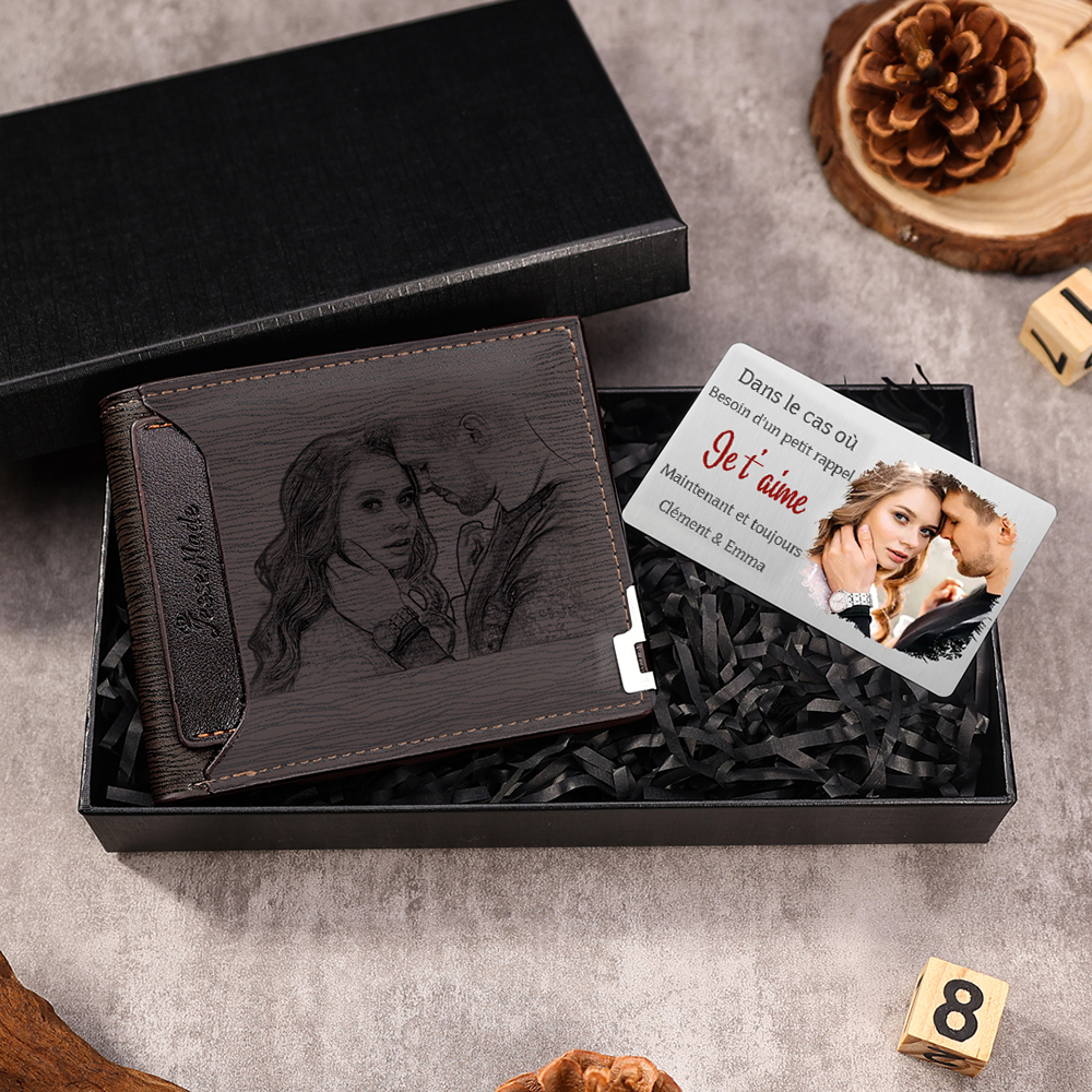 Coffret Cadeau 2PCS Portefeuille et carte de Couple 1 Prénom Personnal