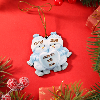 Décoration Sapin Noël Bonhomme de Neige 2 Prénoms Personnalisés avec Texte Ornement Sapin en Bois Cadeau pour Couple Saint valentin | Jessemade