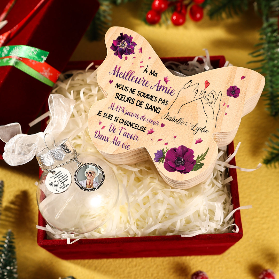 Coffret Cadeau 2PCS bougeoir papillon en bois et boule commémorative 2 Prénoms Personnalisés avec Photo Coffret Cadeau pour Amie | Jessemade