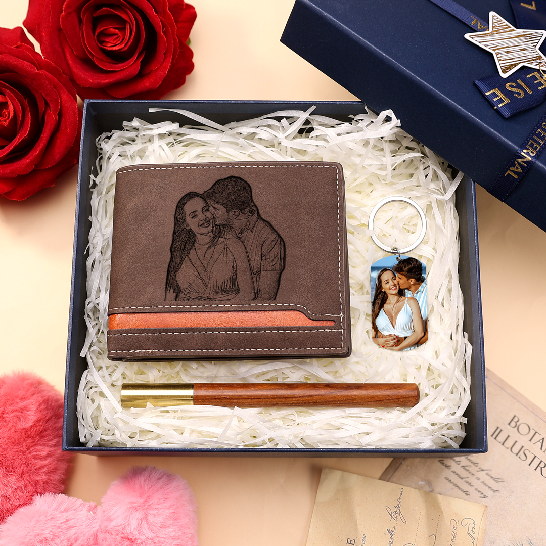 Coffret-cadeau personnalisé avec portefeuille gravé, porte-clés photo et stylo en bois | Jessemade