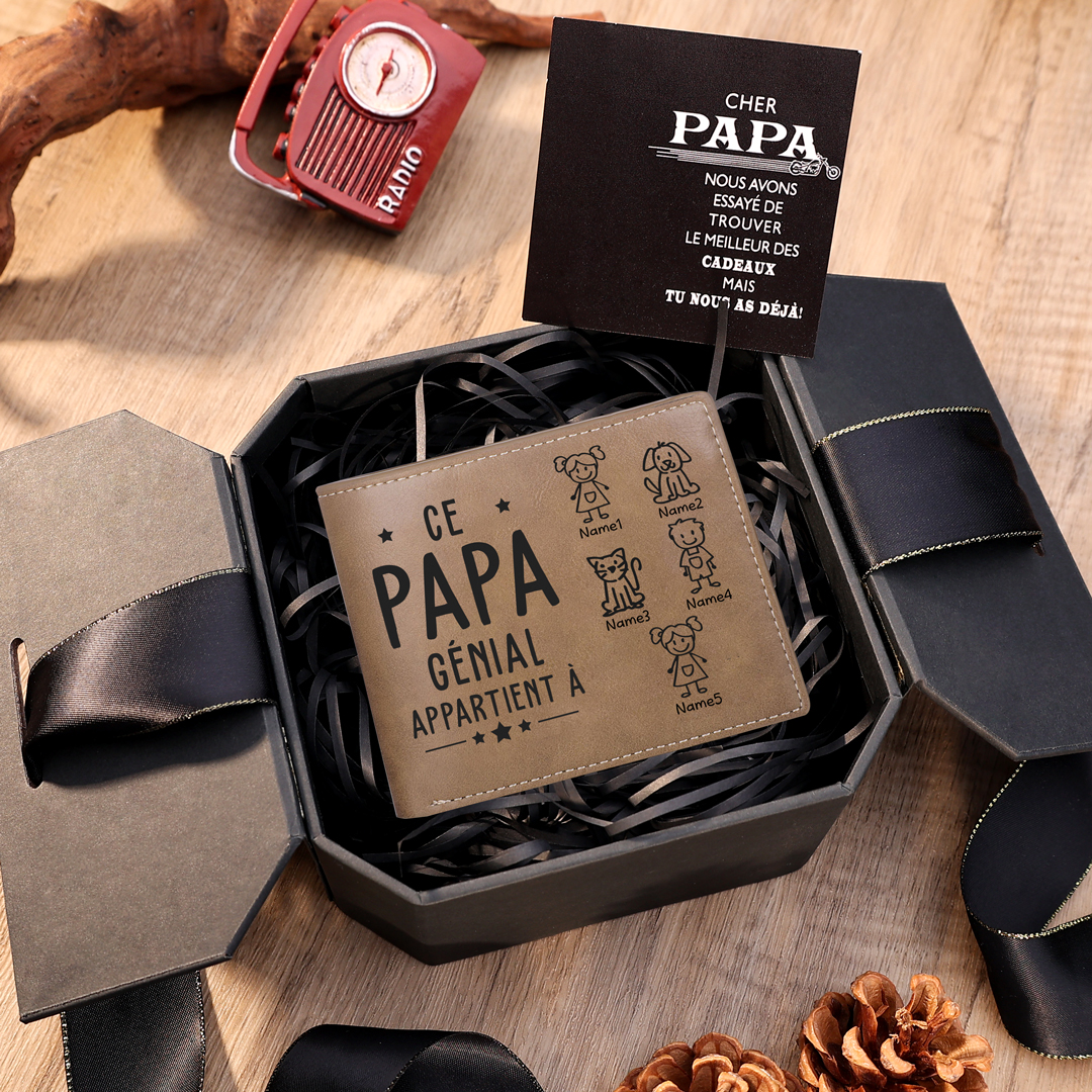 À mon Papa Portefeuille Personnalisé 5 Prénoms avec Photo Portefeuille Homme Classique en Cuir | Jessemade