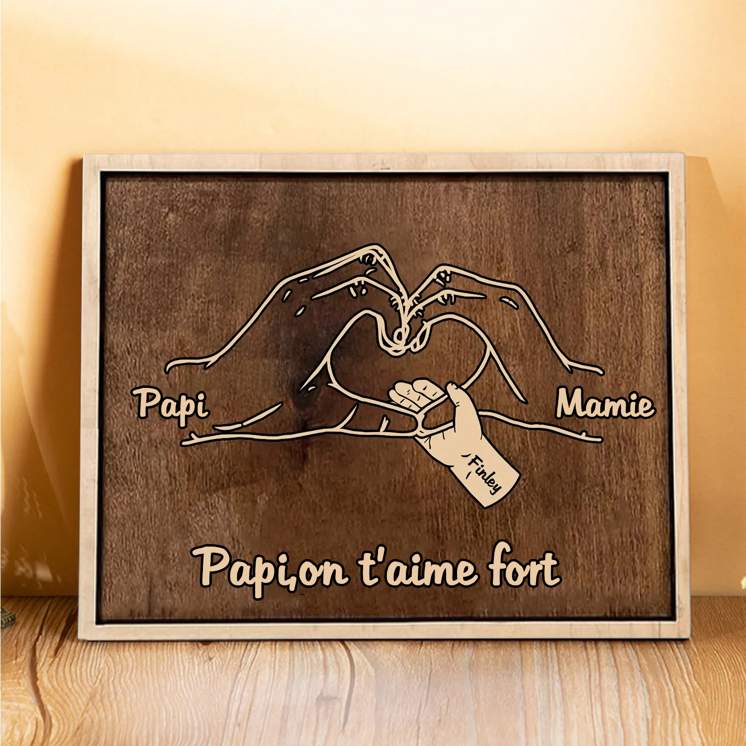 À Papi/Mamie- Cadre en Bois la Main dans la Main 3 Prénoms Personnalisés avec Texte Cadeau pour Famille