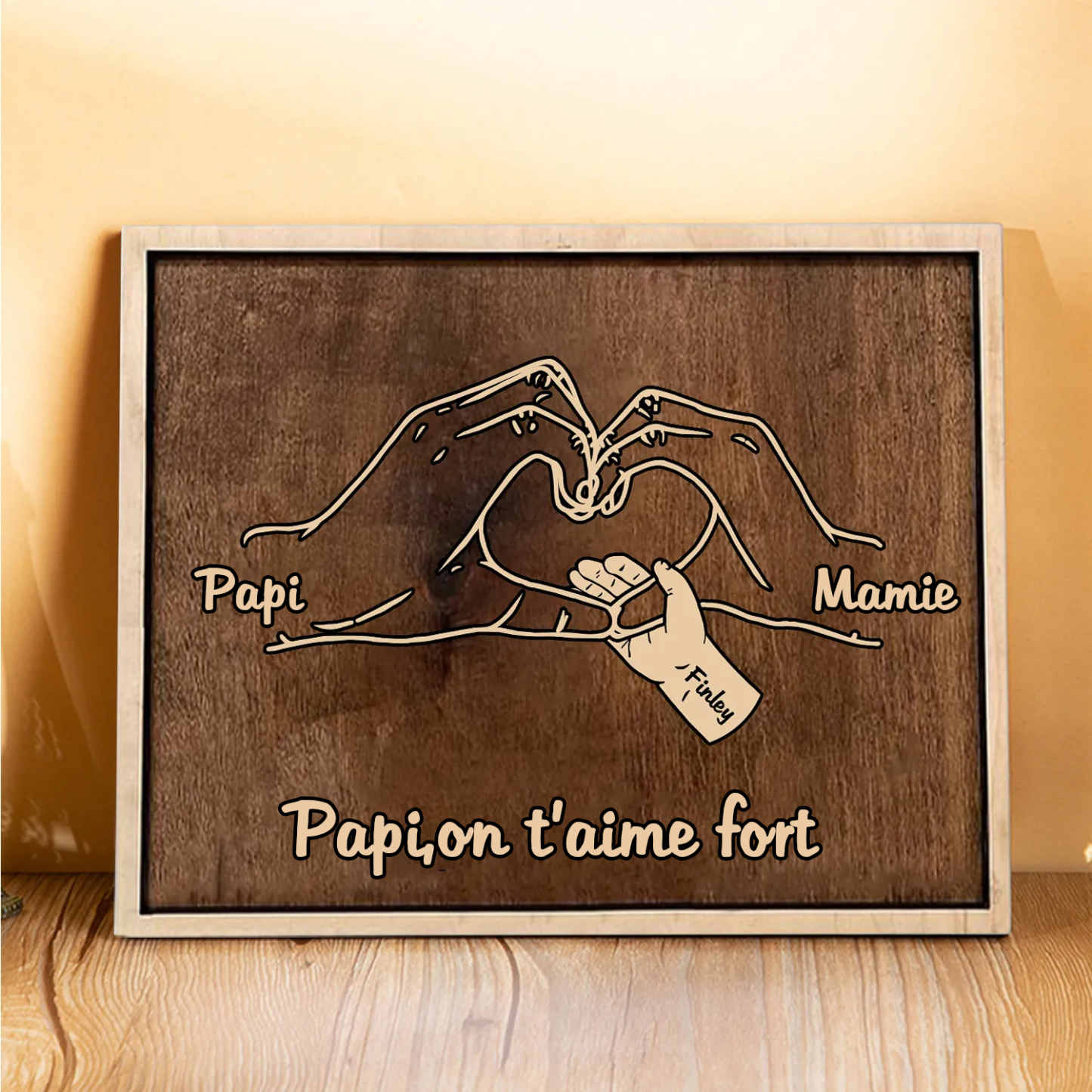 À Papi/Mamie- Cadre en Bois la Main dans la Main 3 Prénoms Personnalisés avec Texte Cadeau pour Famille