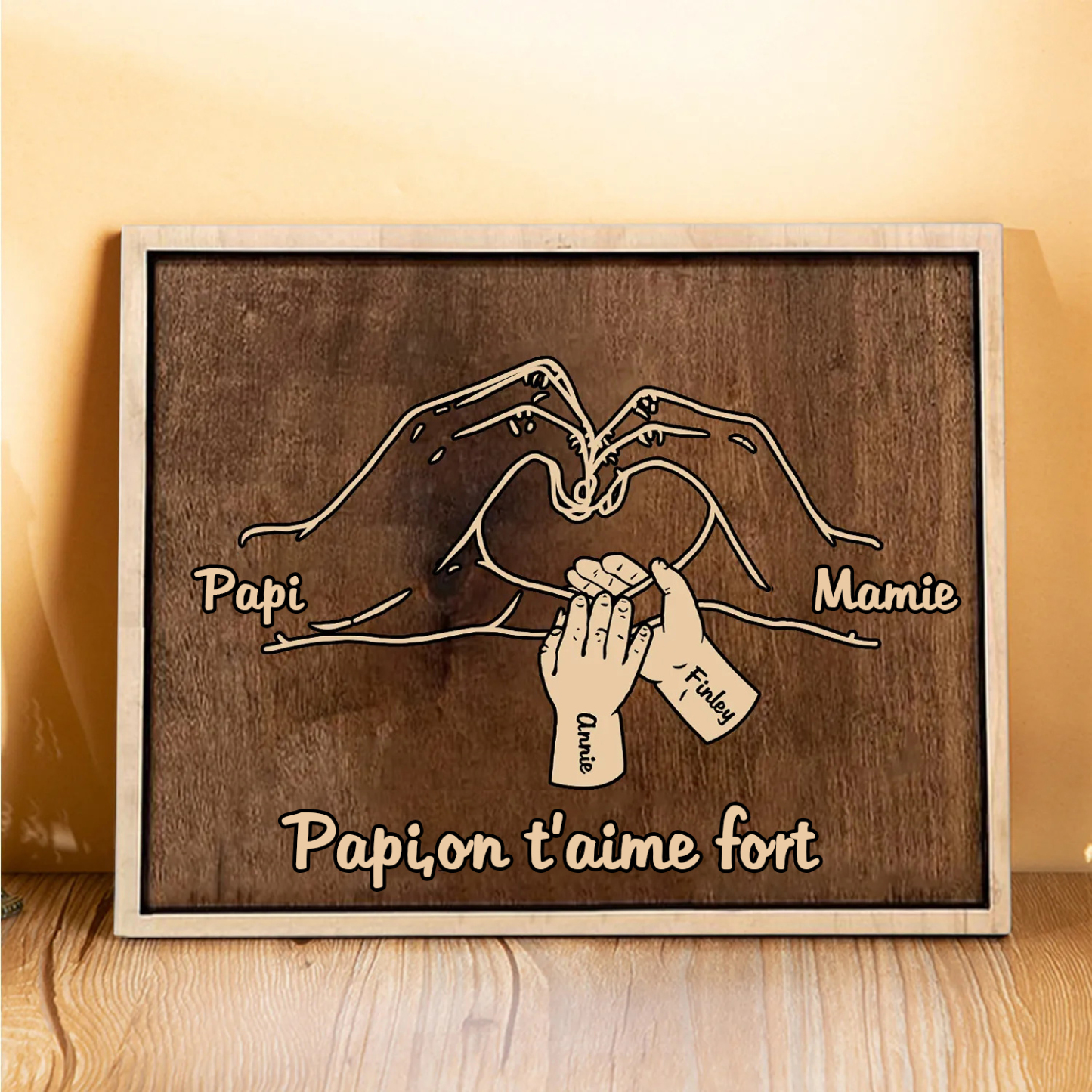 À Papi/Mamie- Cadre en Bois la Main dans la Main 4 Prénoms Personnalisés avec Texte Cadeau pour Famille