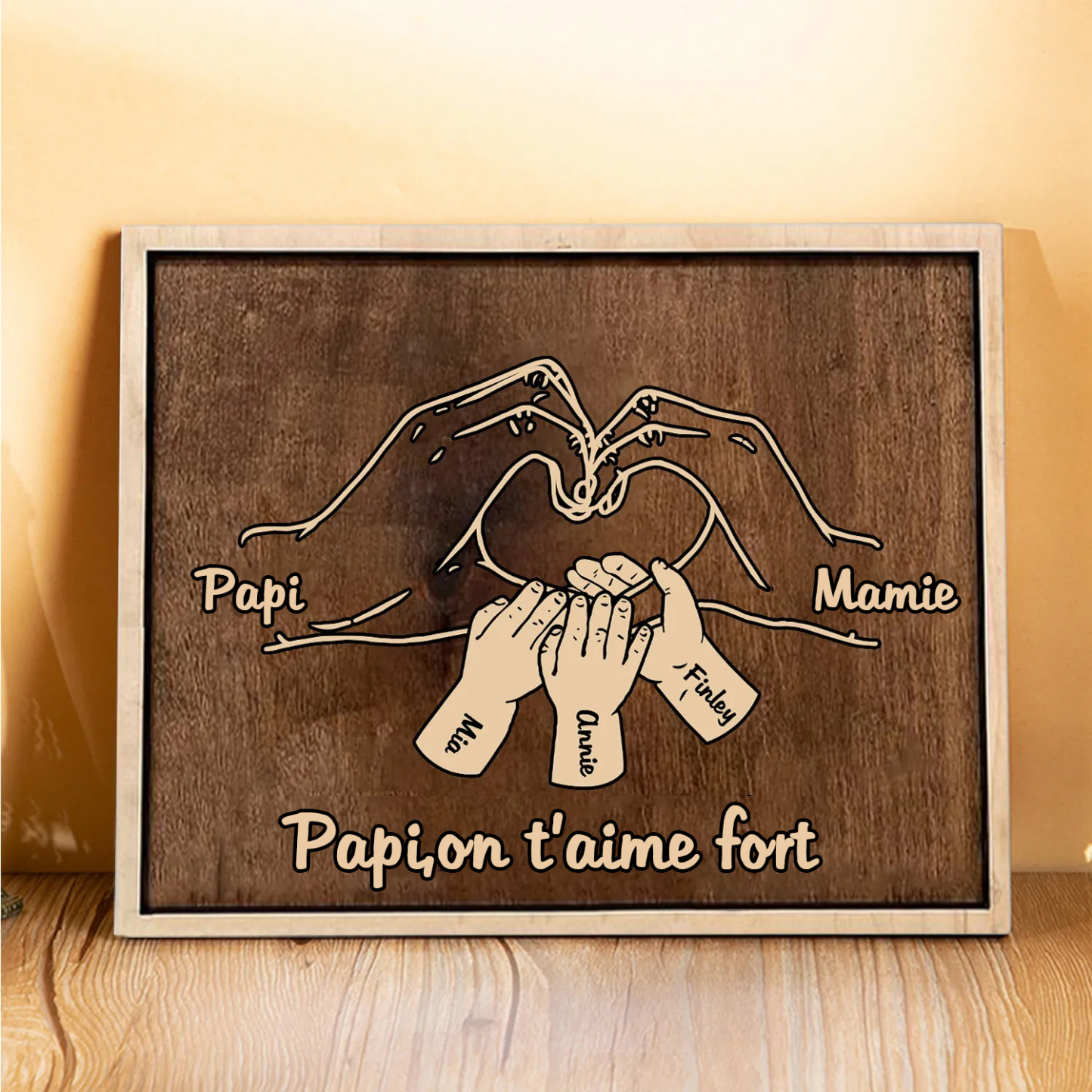 À Papi/Mamie - Cadre en Bois la Main dans la Main 5 Prénoms Personnalisés avec Texte Cadeau pour Famille
