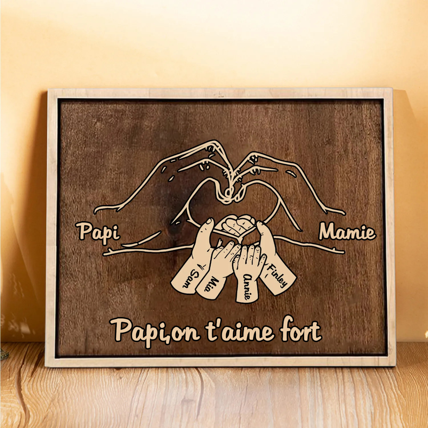 À Papi/Mamie - Cadre en Bois la Main dans la Main 6 Prénoms Personnalisés avec Texte Cadeau pour Famille