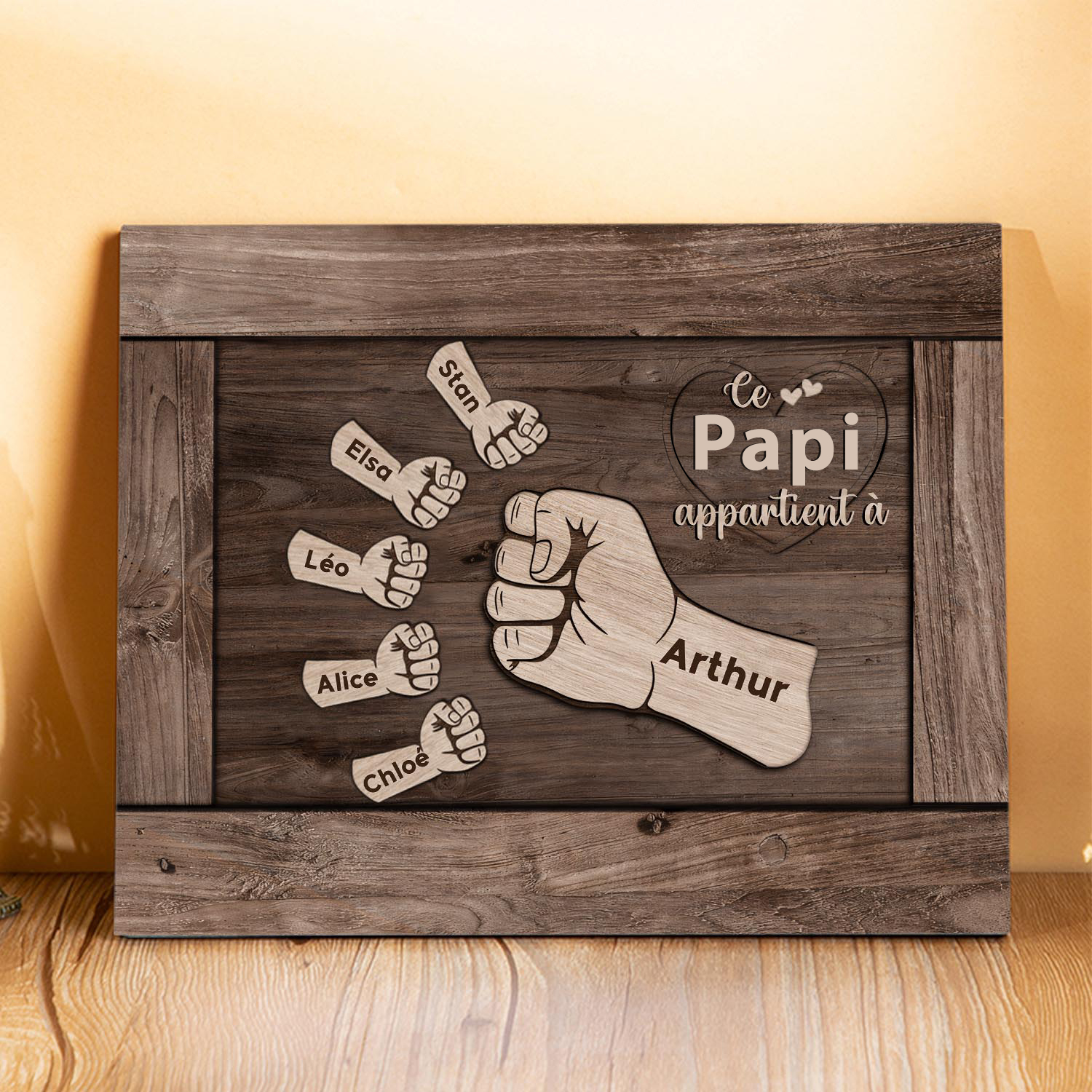 Jessemade FR À Mon Papa/Papy-Cadre Imprimé en Bois Poings 6 Prénoms Personnalisés avec Texte