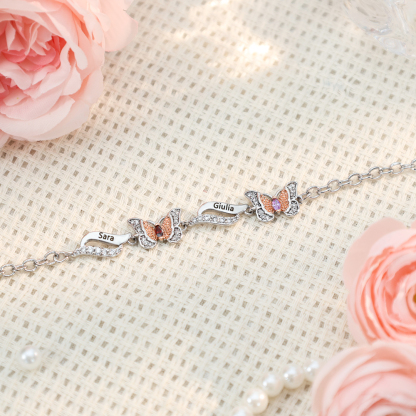 Bracelet Papillon 2 Prénoms Personnalisés avec 2 Pierres de Naissance Bracelet Personnalisé Femme | Jessemade