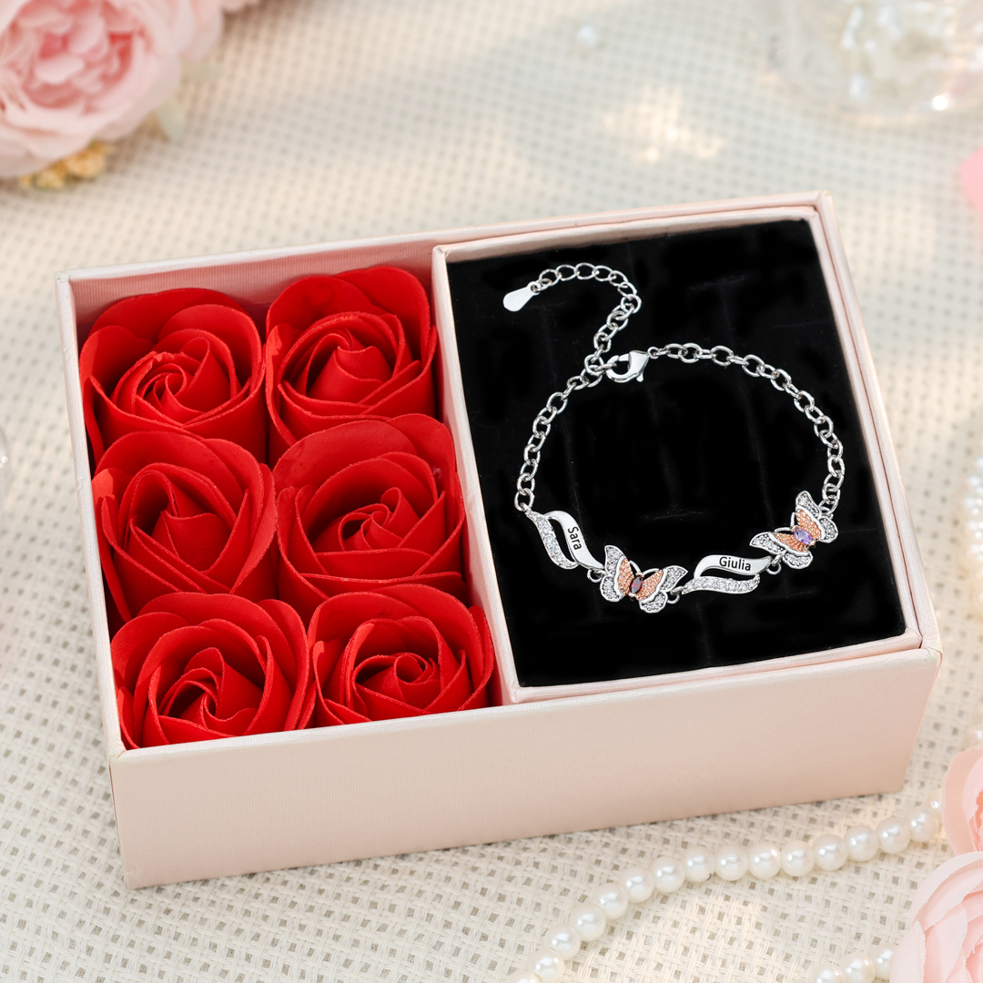 Bracelet Papillon 2 Prénoms Personnalisés avec 2 Pierres de Naissance