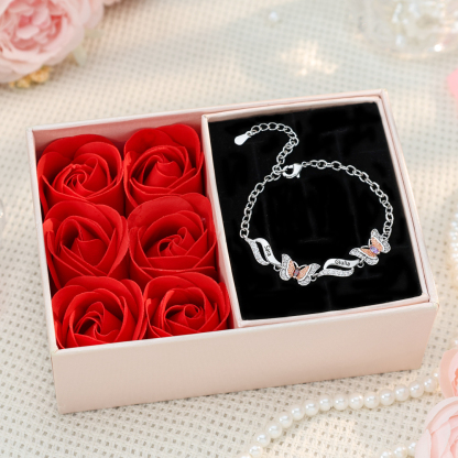 Bracelet Papillon 2 Prénoms Personnalisés avec 2 Pierres de Naissance