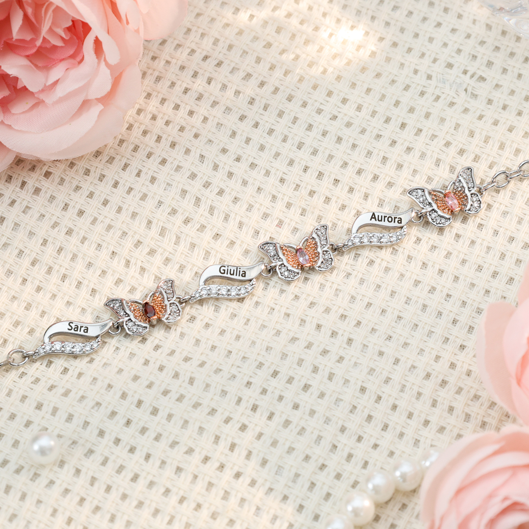 Bracelet Papillon 3 Prénoms Personnalisés avec 3 Pierres de Naissance Bracelet Personnalisé Femme | Jessemade