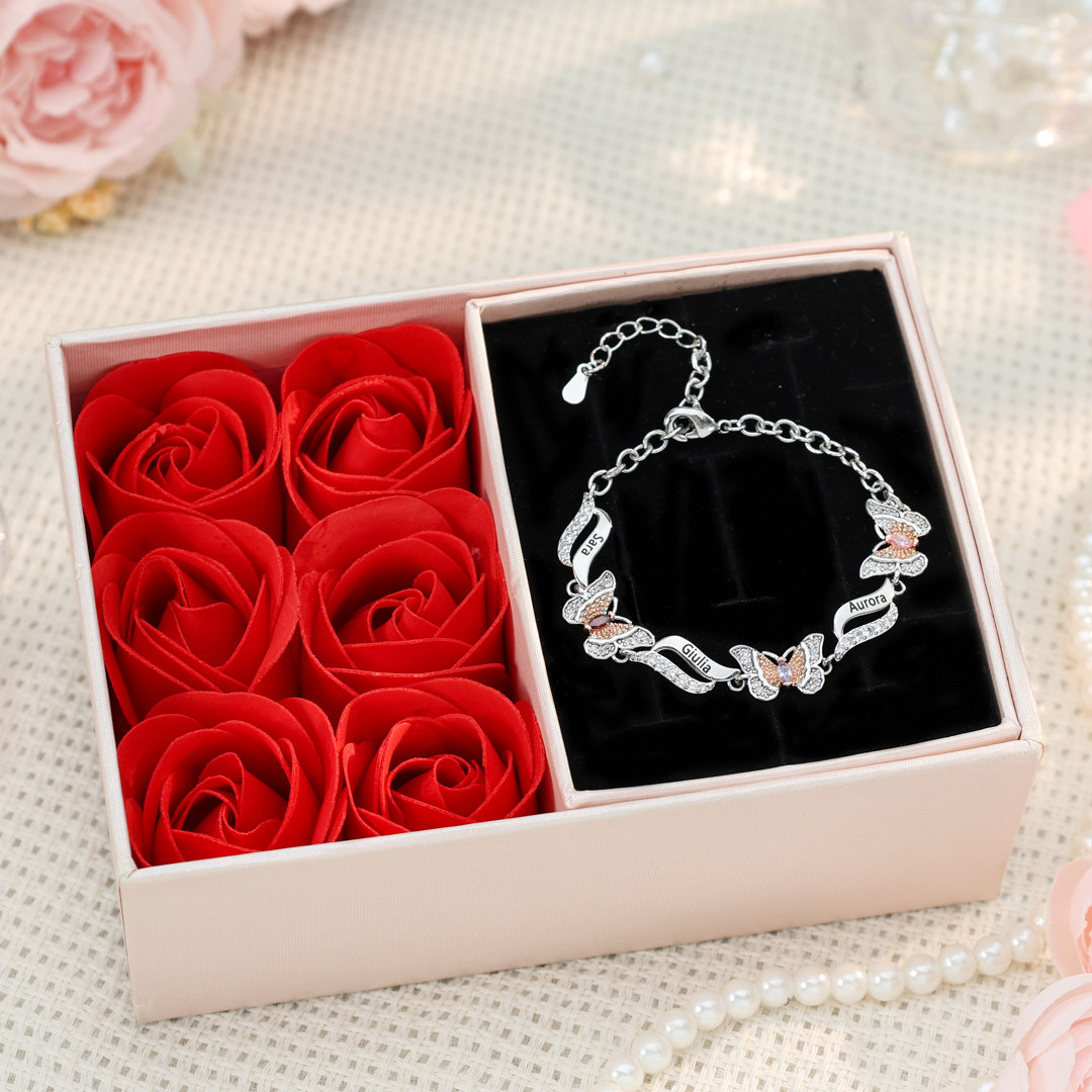 Bracelet Papillon 3 Prénoms Personnalisés avec 3 Pierres de Naissance Bracelet Personnalisé Femme | Jessemade