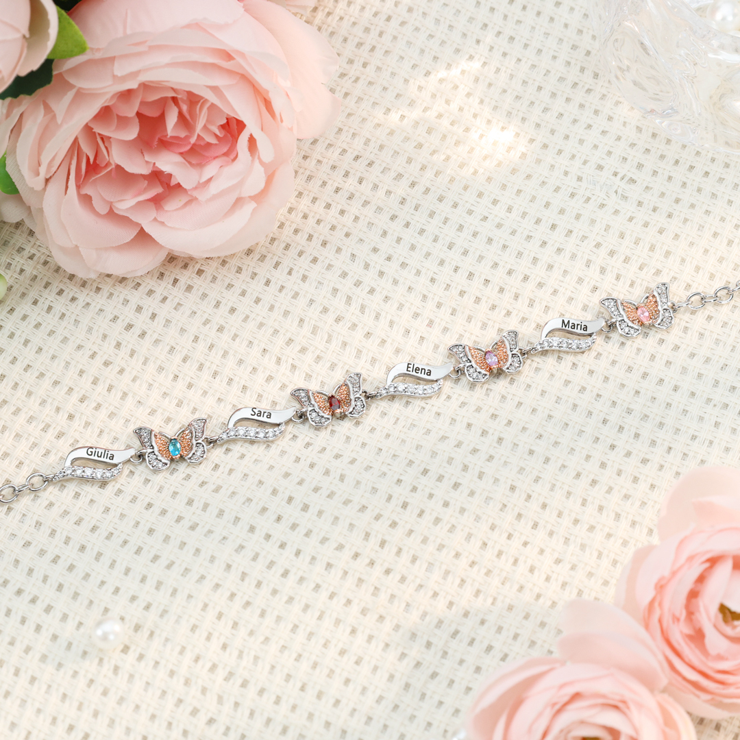 Bracelet Papillon 4 Prénoms Personnalisés avec 4 Pierres de Naissance Bracelet Personnalisé Femme | Jessemade