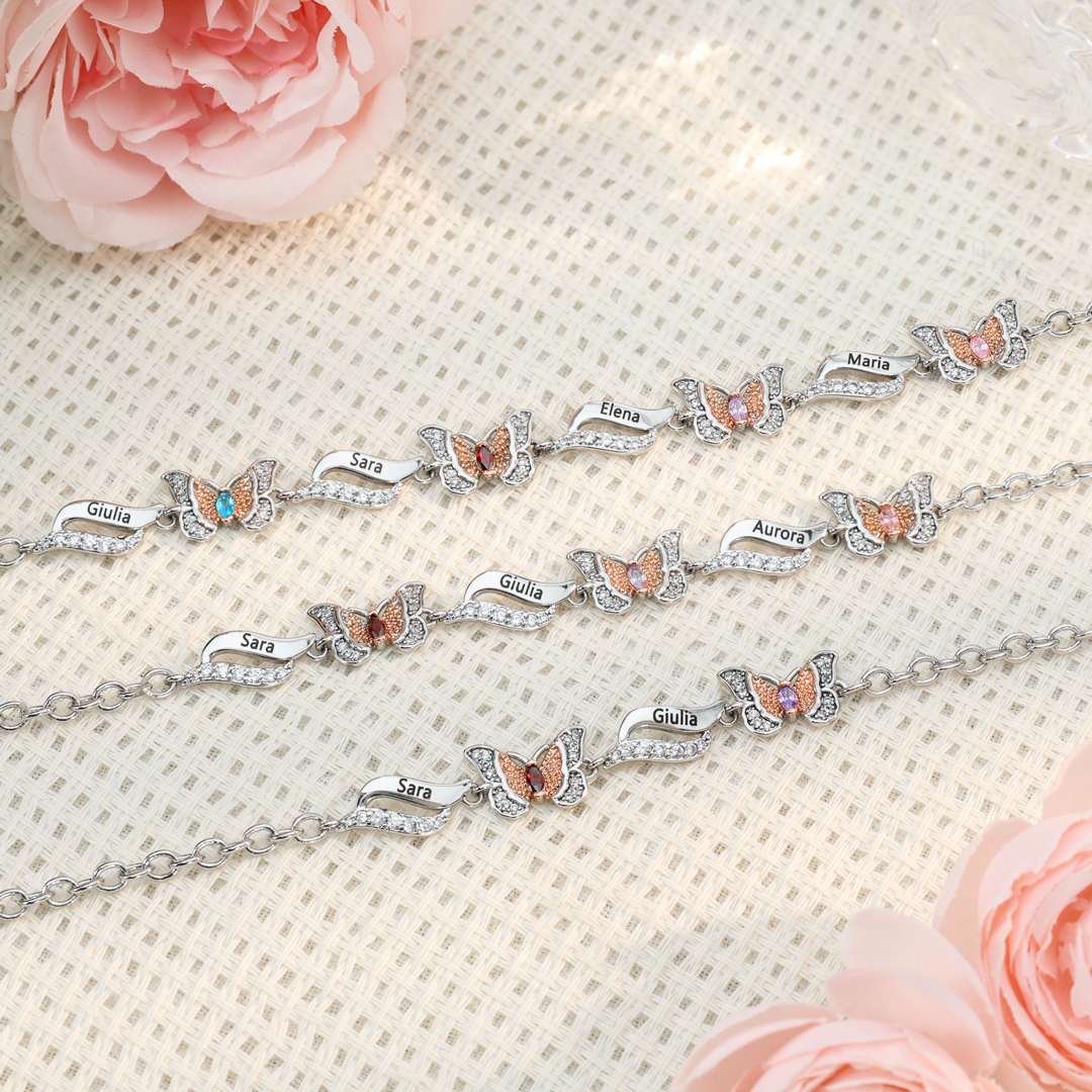 Bracelet Papillon 4 Prénoms Personnalisés avec 4 Pierres de Naissance Bracelet Personnalisé Femme | Jessemade