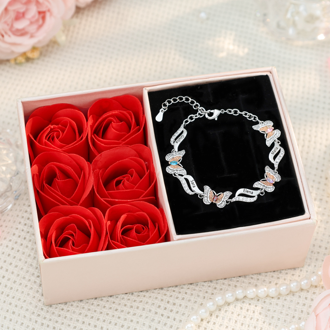 Bracelet Papillon 4 Prénoms Personnalisés avec 4 Pierres de Naissance