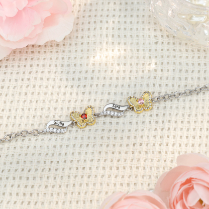 Bracelet Papillon 2 Prénoms Personnalisés avec 2 Pierres de Naissance-Cadeau pour Femme