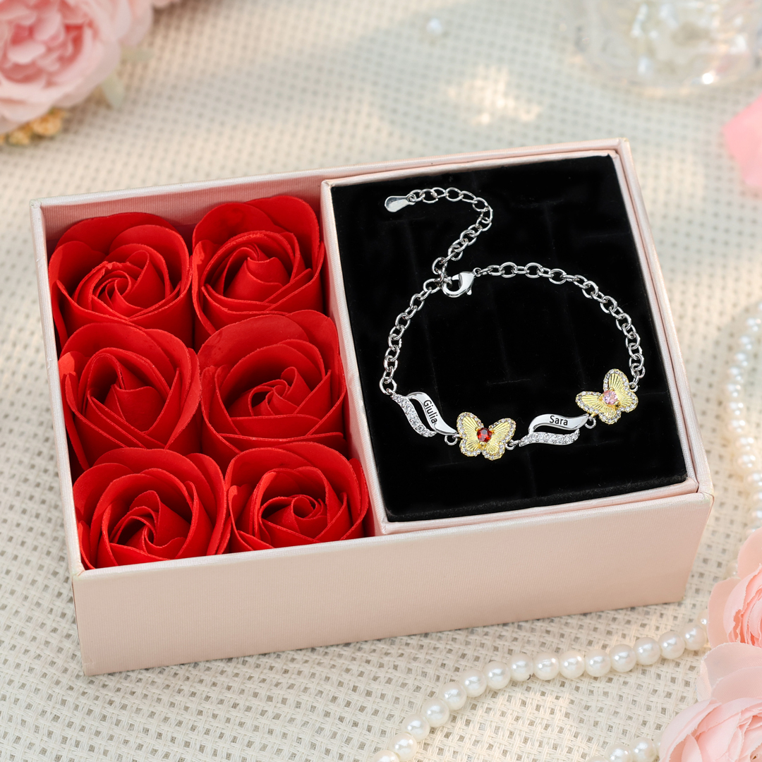 Bracelet Papillon 2 Prénoms Personnalisés avec 2 Pierres de Naissance-