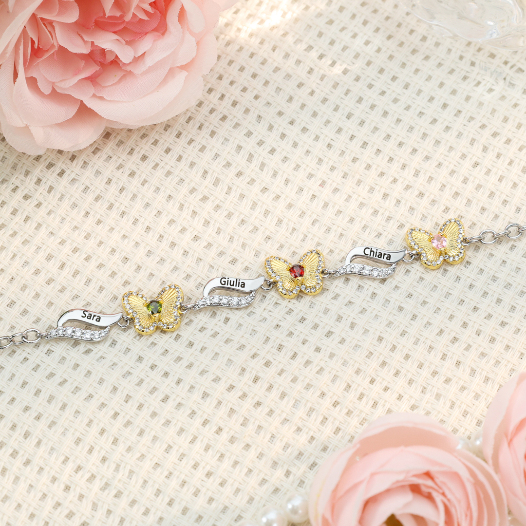 Bracelet Papillon 3 Prénoms Personnalisés avec 3 Pierres de Naissance-Cadeau pour Femme