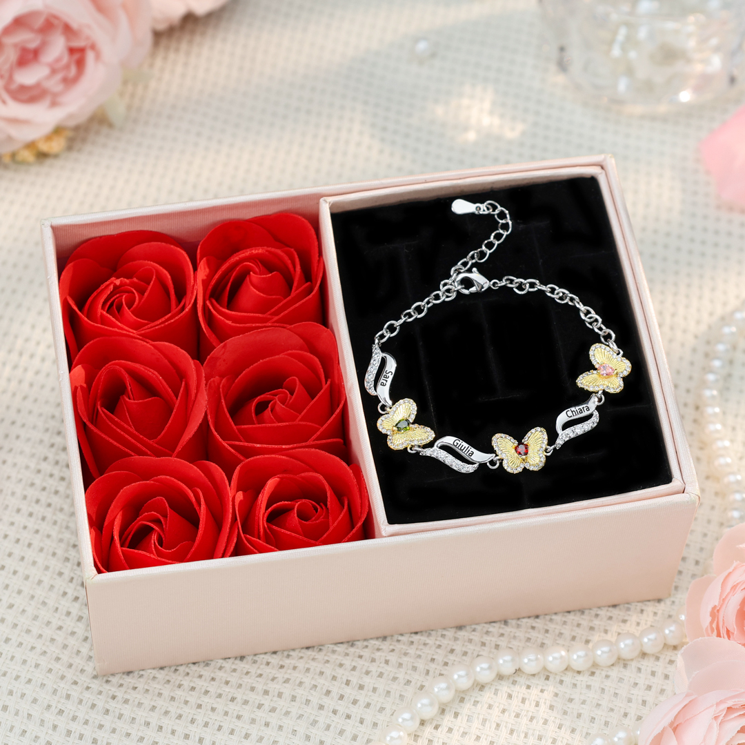 Bracelet Papillon 3 Prénoms Personnalisés avec 3 Pierres de Naissance-