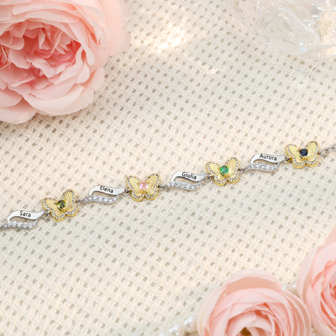 Bracelet Papillon 4 Prénoms Personnalisés avec 4 Pierres de Naissance-Cadeau pour Femme