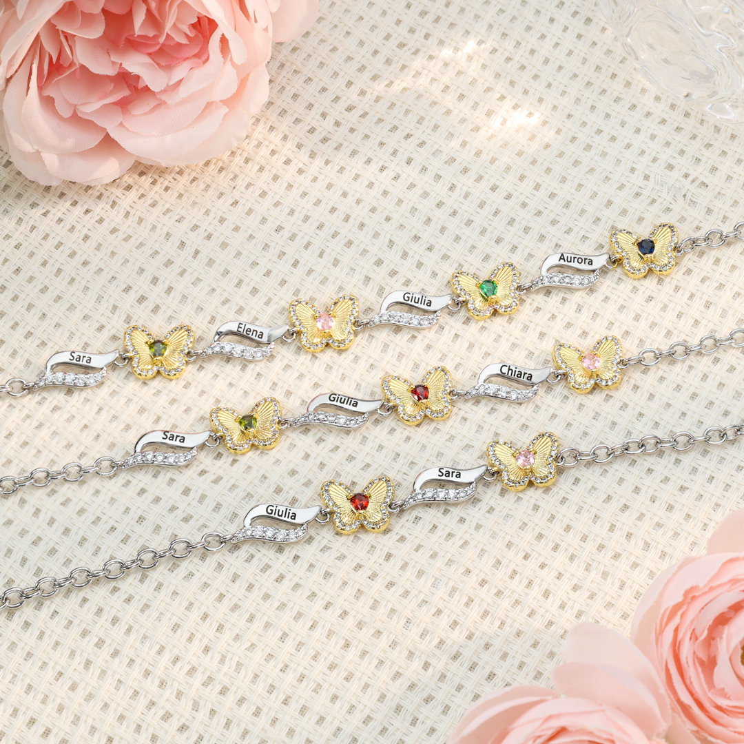 Bracelet Papillon 3 Prénoms Personnalisés avec 3 Pierres de Naissance-Cadeau pour Femme