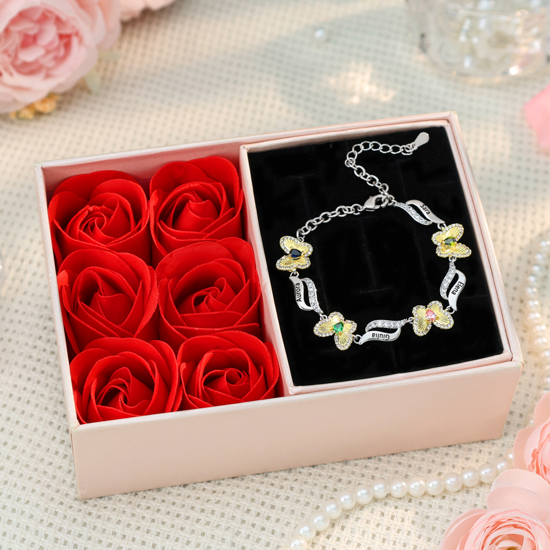 Bracelet Papillon 4 Prénoms Personnalisés avec 4 Pierres de Naissance-Cadeau pour Femme