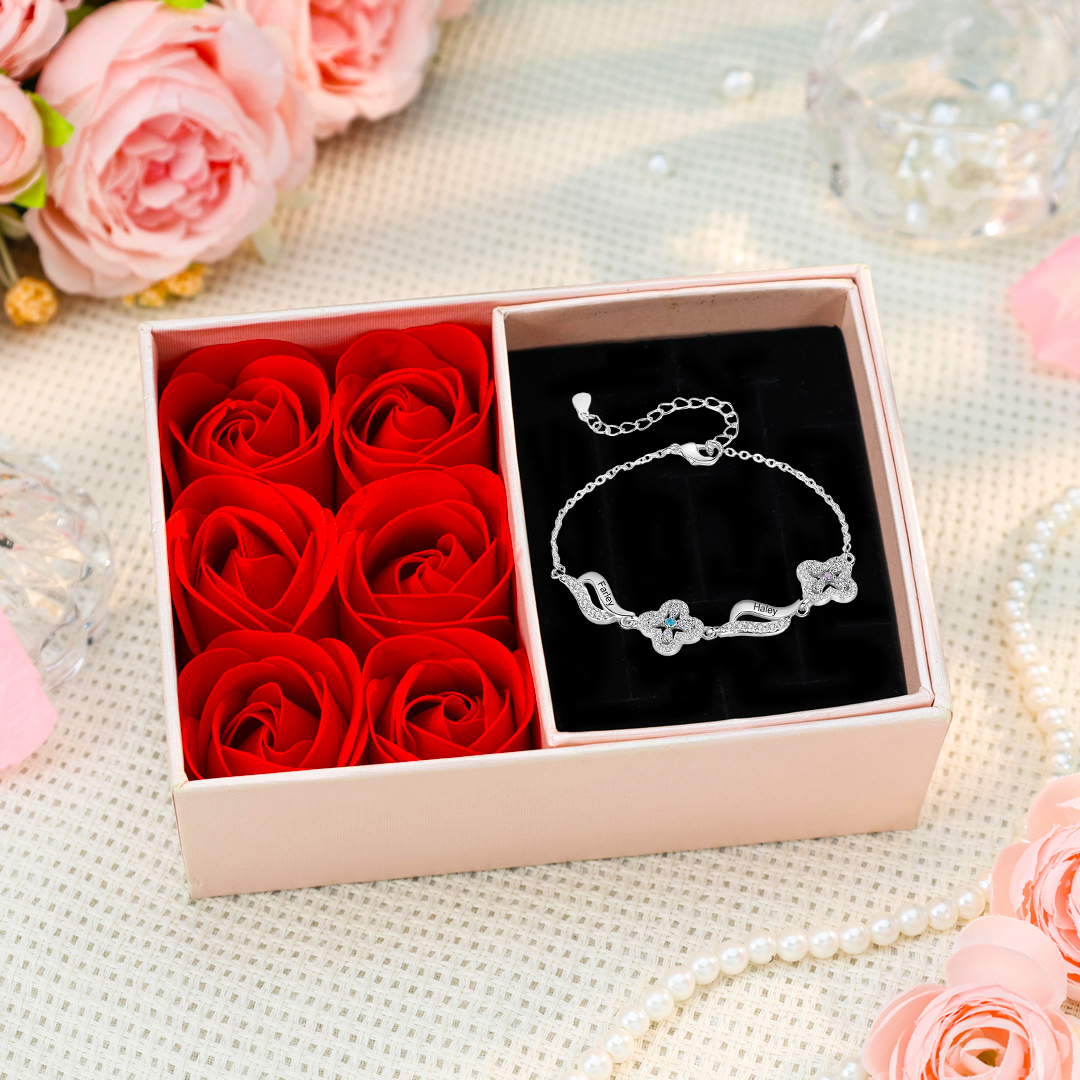 Bracelet Fleurs 2 Prénoms Personnalisés avec 2 Pierres de Naissance po