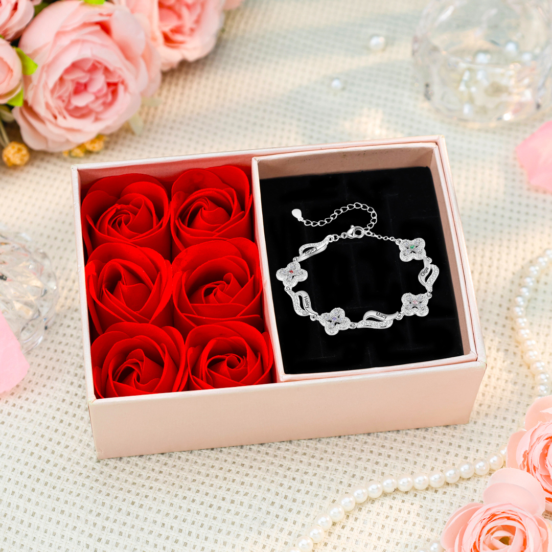 Jessemade FR Bracelet Fleurs 4 Prénoms Personnalisés avec 4 Pierres de Naissance pour Femme