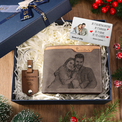 Coffret Cadeau 3PCS Portefeuille Porte-clé et carte de Couple 1 Prénom Personnalisé avec Photo Coffret Cadeau pour Homme | Jessemade