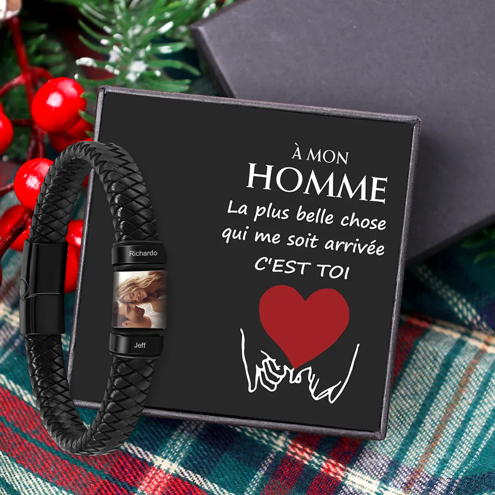 Bracelet Cuir Bracelet Photo Personnalisé avec 2 Prénoms pour Homme｜Jessemade