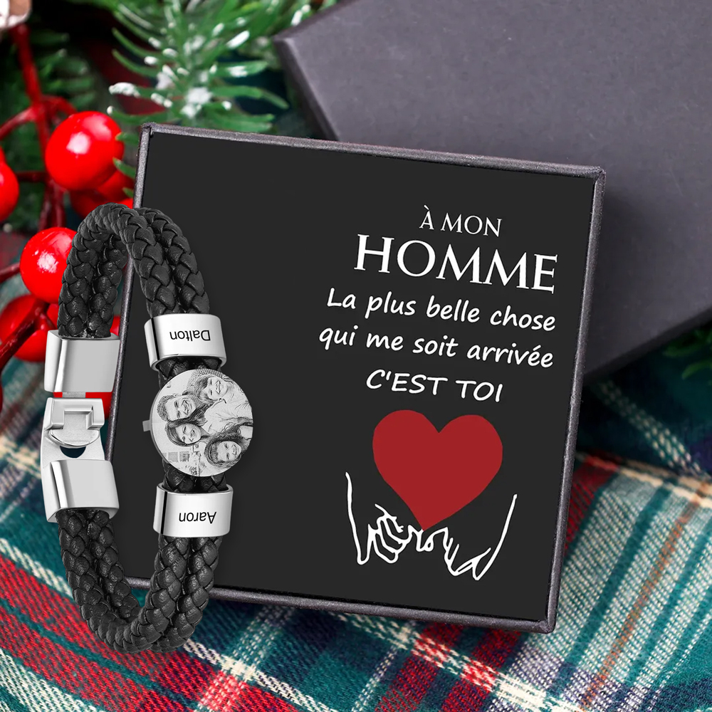 À Mon Homme-Bracelet Photo Personnalisé avec 2 Prénoms Bracelet en Cuir avec Cadeau Coffret｜Jessemade