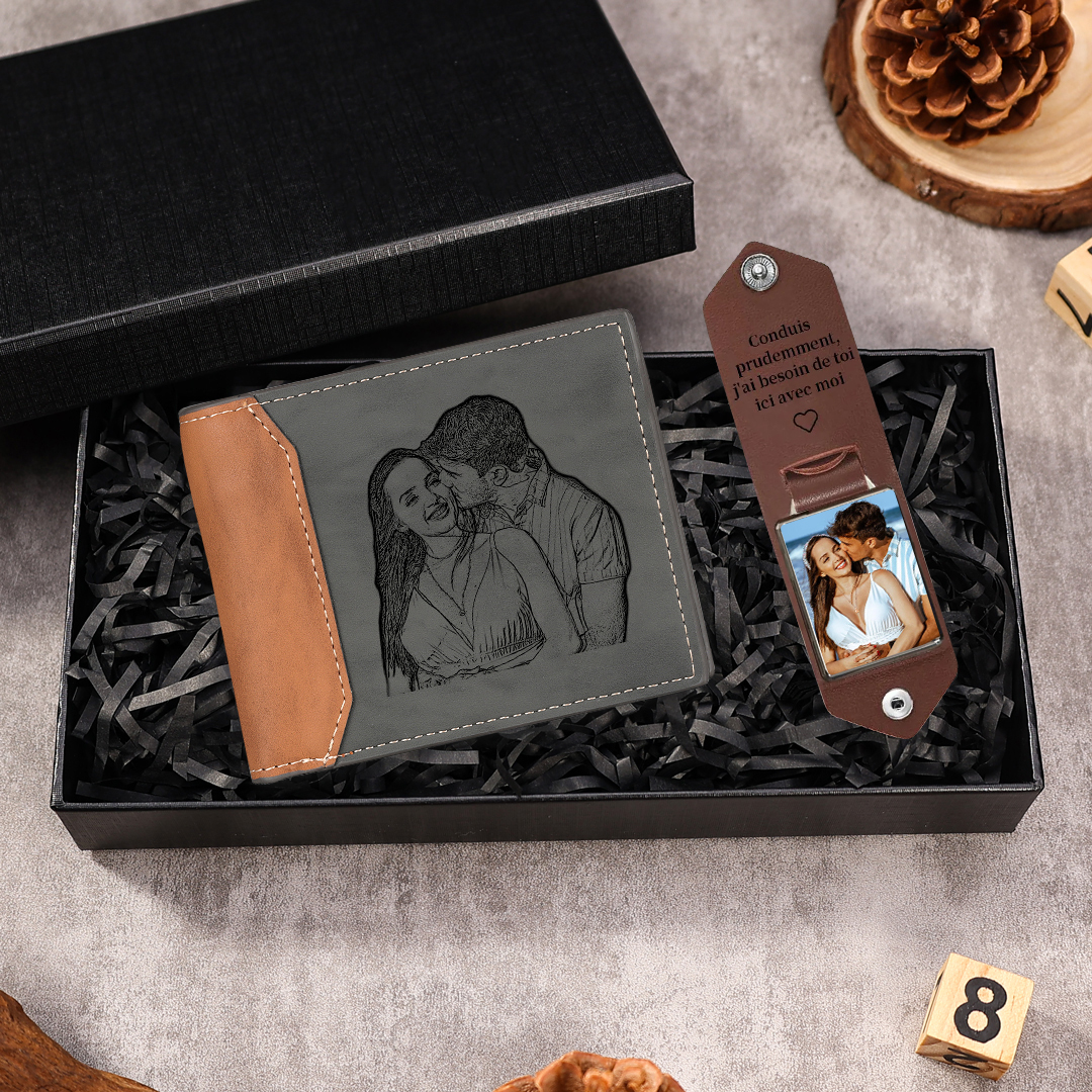 Coffret Cadeau Unique : Portefeuille et Porte-clés Personnalisés avec Photo et Gravure | Jessemade