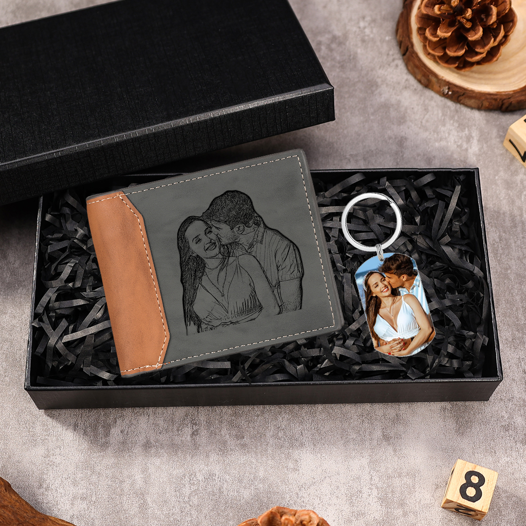 Coffret Cadeau Personnalisé : Portefeuille et Porte-clés Gravés avec Photo et Texte | Jessemade
