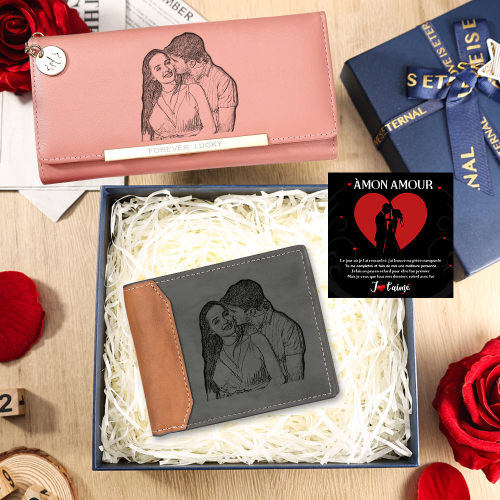 Coffret Cadeau Personnalisé : Portefeuille Homme & Femme Gravés avec Photo | Jessemade