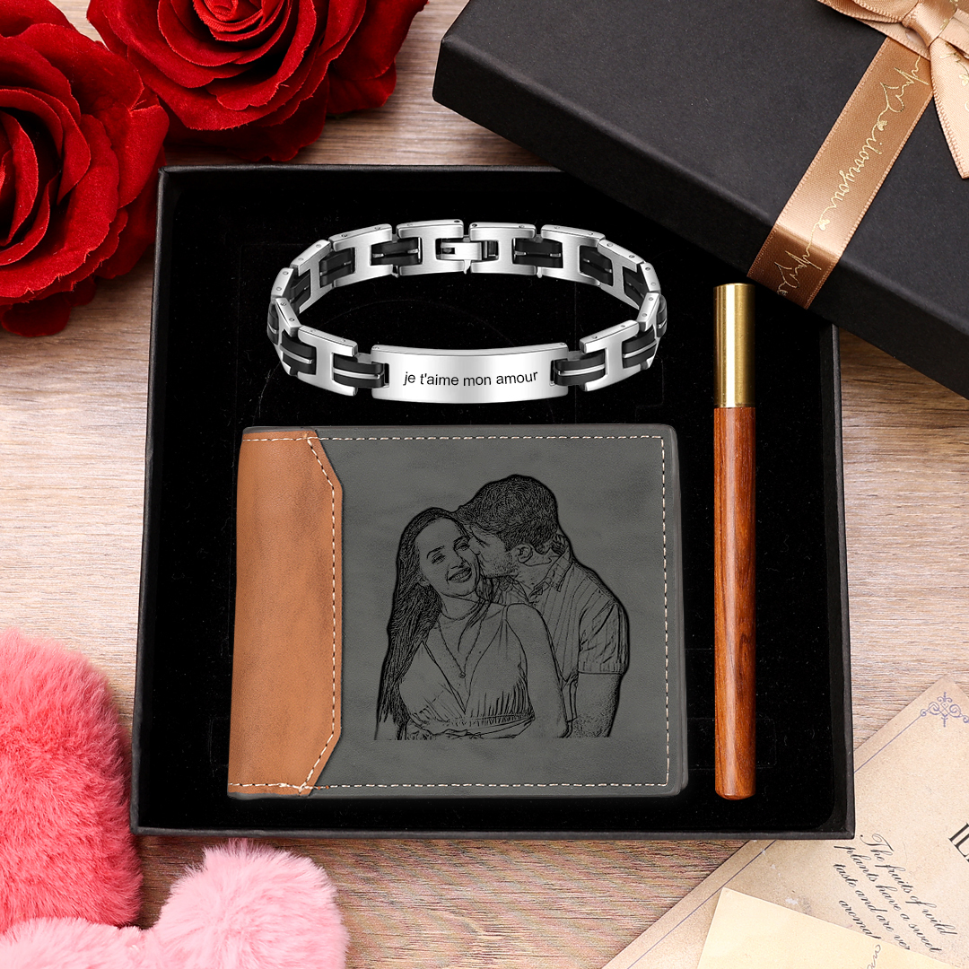 Coffret Cadeau Personnalisé : Portefeuille, Bracelet et Stylo Gravés avec Photo et Texte | Jessemade