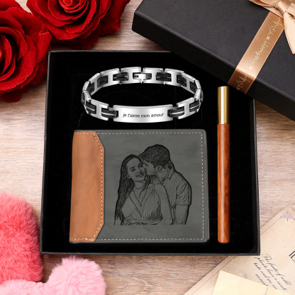 Coffret Cadeau Personnalisé : Portefeuille, Bracelet et Stylo Gravés avec Photo et Texte | Jessemade