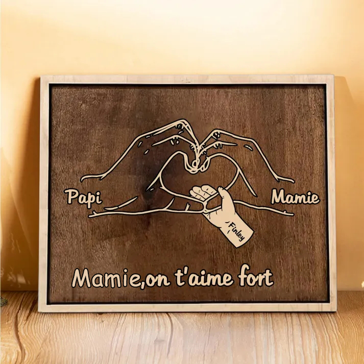 À Papi/Mamie- Cadre en Bois la Main dans la Main 3 Prénoms Personnalisés avec Texte Cadeau pour Famille