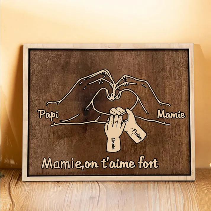 À Papi/Mamie- Cadre en Bois la Main dans la Main 4 Prénoms Personnalisés avec Texte Cadeau pour Famille